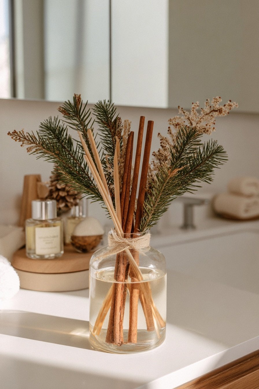 Glasgefäß mit Zimtstangen, Tannenzweigen und Duftöl auf dem Badezimmerwaschtisch
