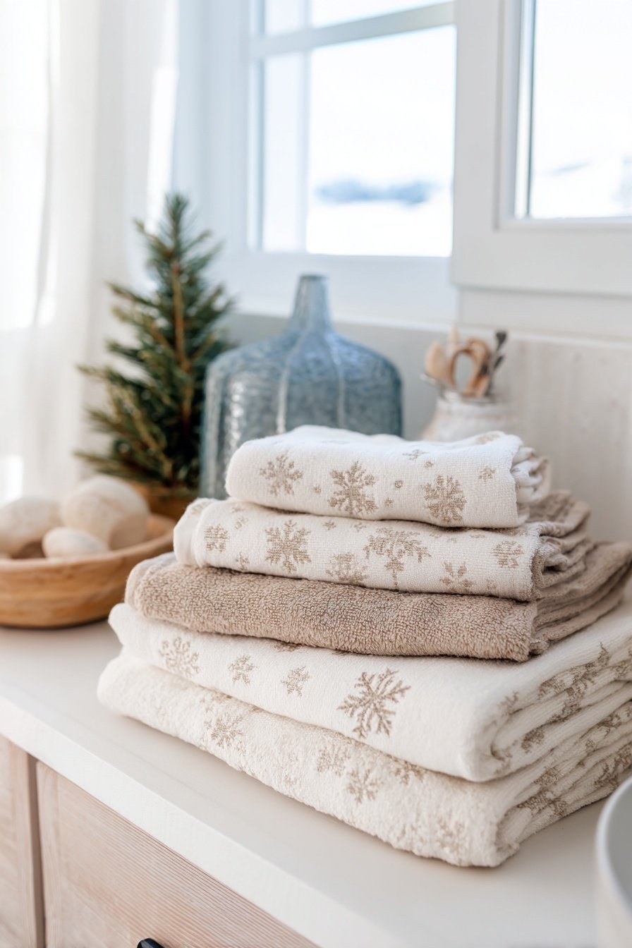 Gefaltete Handtücher mit Schneeflockenmotiv neben winterlicher Deko im Badezimmer