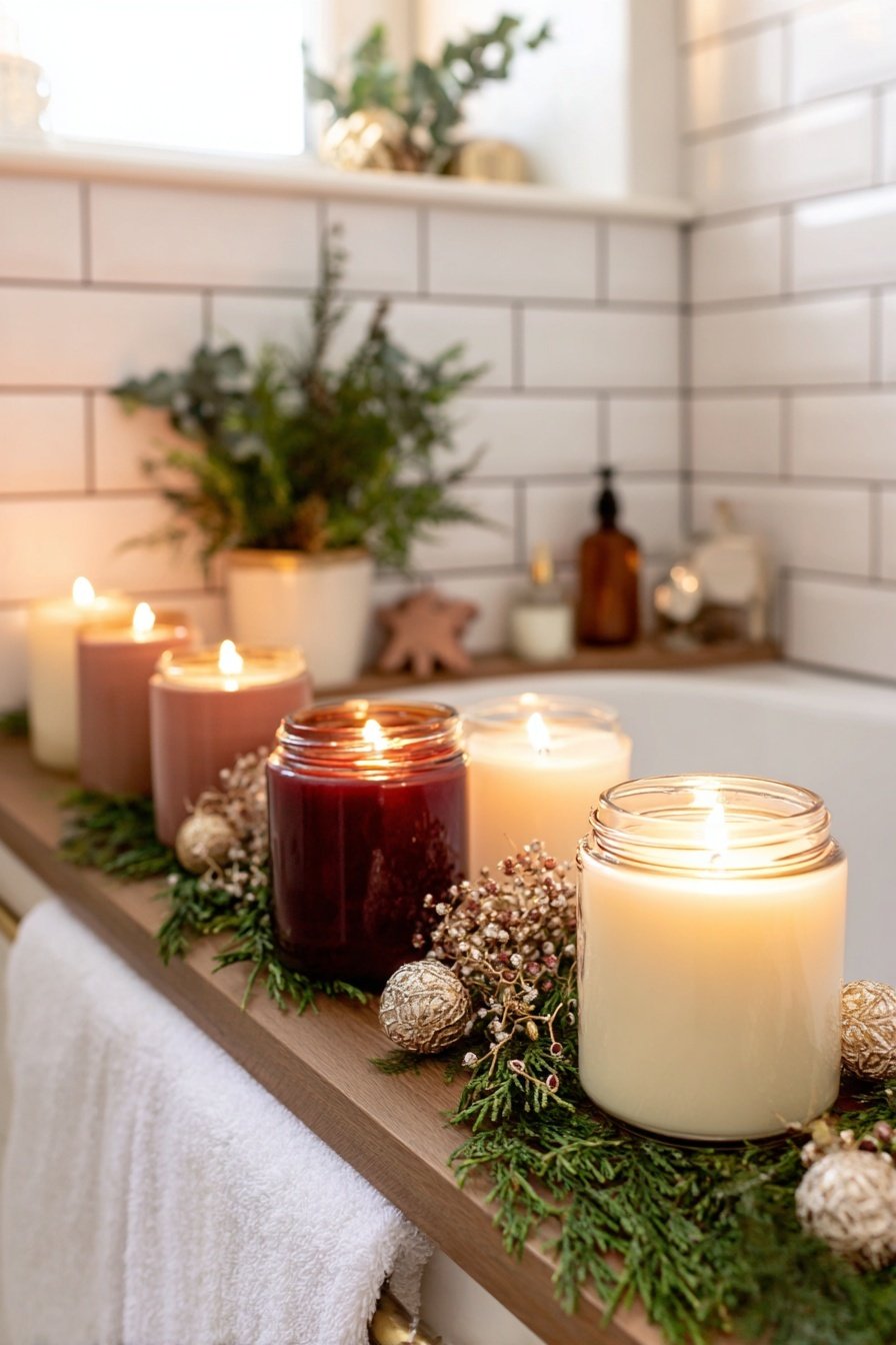 Mehrere brennende Kerzen auf Badewannenrand mit Tannenzweigen und Deko
