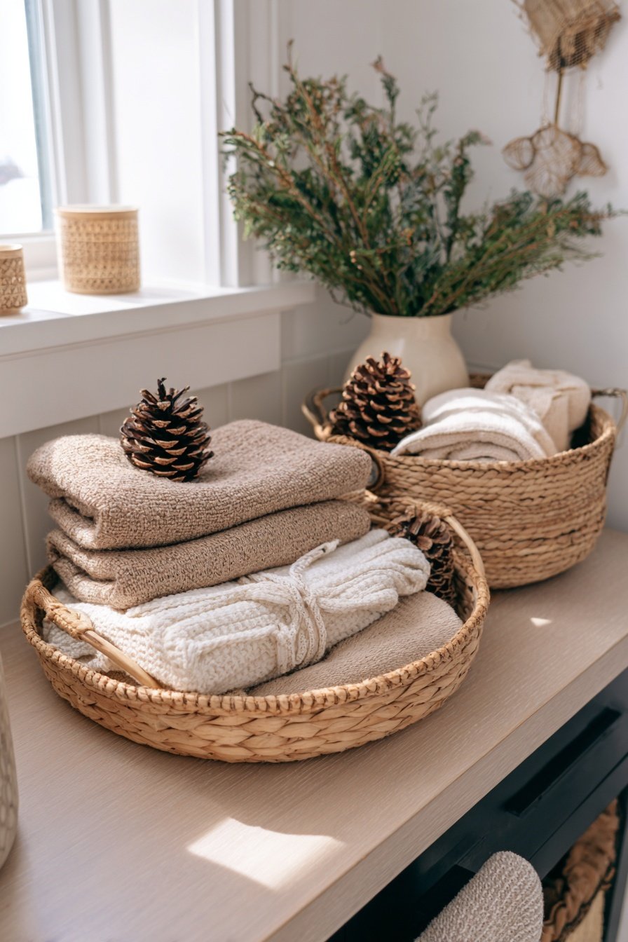 Geflochtene Körbe mit Handtüchern, Tannenzapfen und Wintergrün im Badezimmer