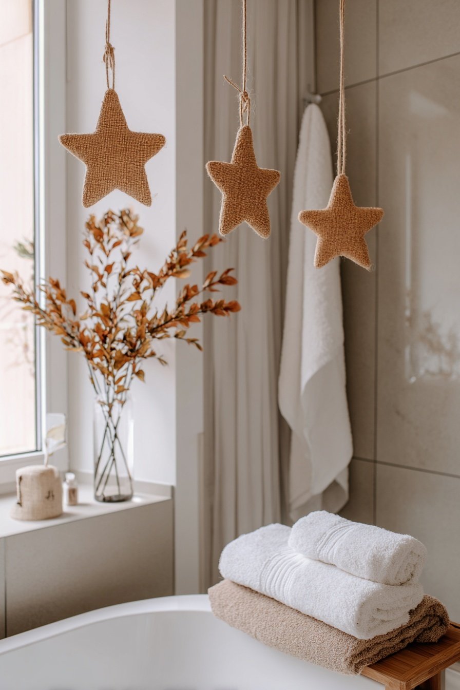 Winterlich dekoriertes Badezimmer mit Sternanhängern, Trockenblumen und weichen Handtüchern