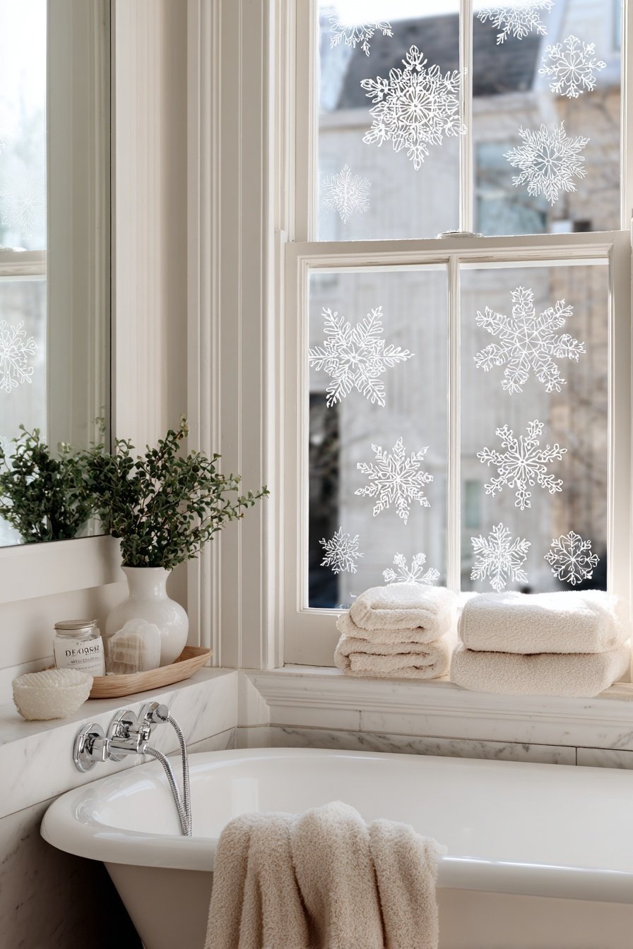 Badezimmer mit Schneeflocken-Stickern am Fenster, weißen Handtüchern und Deko