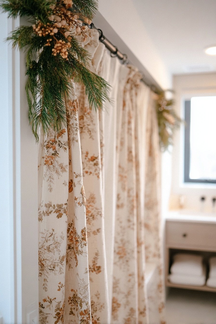 Dekorativer Duschvorhang mit Tannenzweigen und goldenen Akzenten