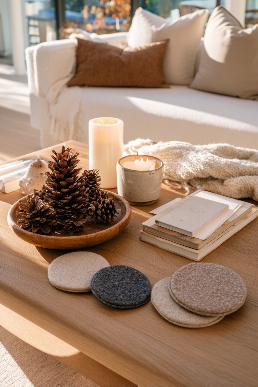 Holzteller mit Tannenzapfen, Kerzen, Bücher und Filzuntersetzer auf einem Couchtisch