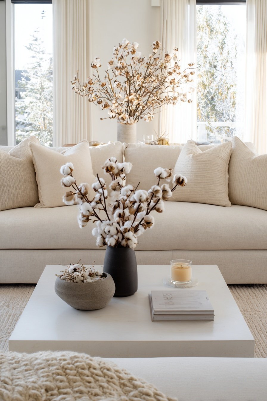 Minimalistische Winterdeko mit Baumwollzweigen auf einem hellen Couchtisch vor beigem Sofa