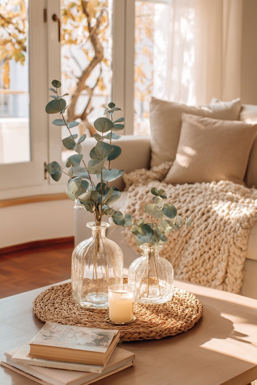Winterliche Couchtisch-Deko mit Eukalyptus in Glasvasen und Kerze auf Tablett