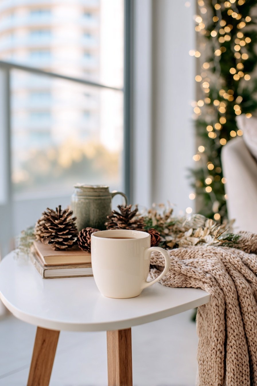 Winterliche Couchtisch-Deko mit Tasse Tee, Tannenzapfen, Wollplaid und weihnachtlichem Hintergrund