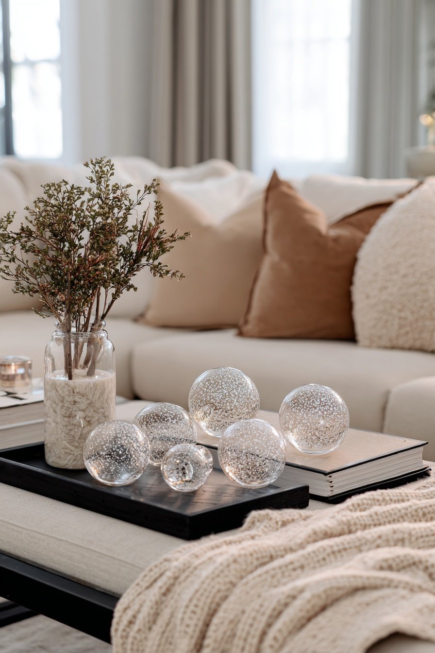 Couchtisch mit Glaskugeln, Naturzweigen in Glasvase und gemütlicher Strickdecke