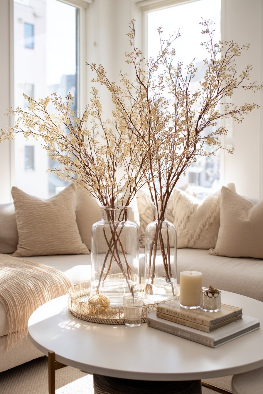 Couchtisch mit Glasvasen, Trockenblumen, Kerze und Büchern im hellen Wohnzimmer