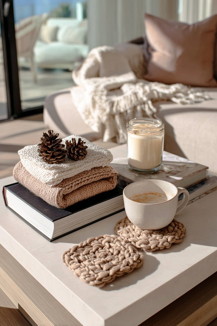 Winterliche Couchtischdeko mit Strick-Accessoires, Tasse Kaffee, Kerze und Zapfen