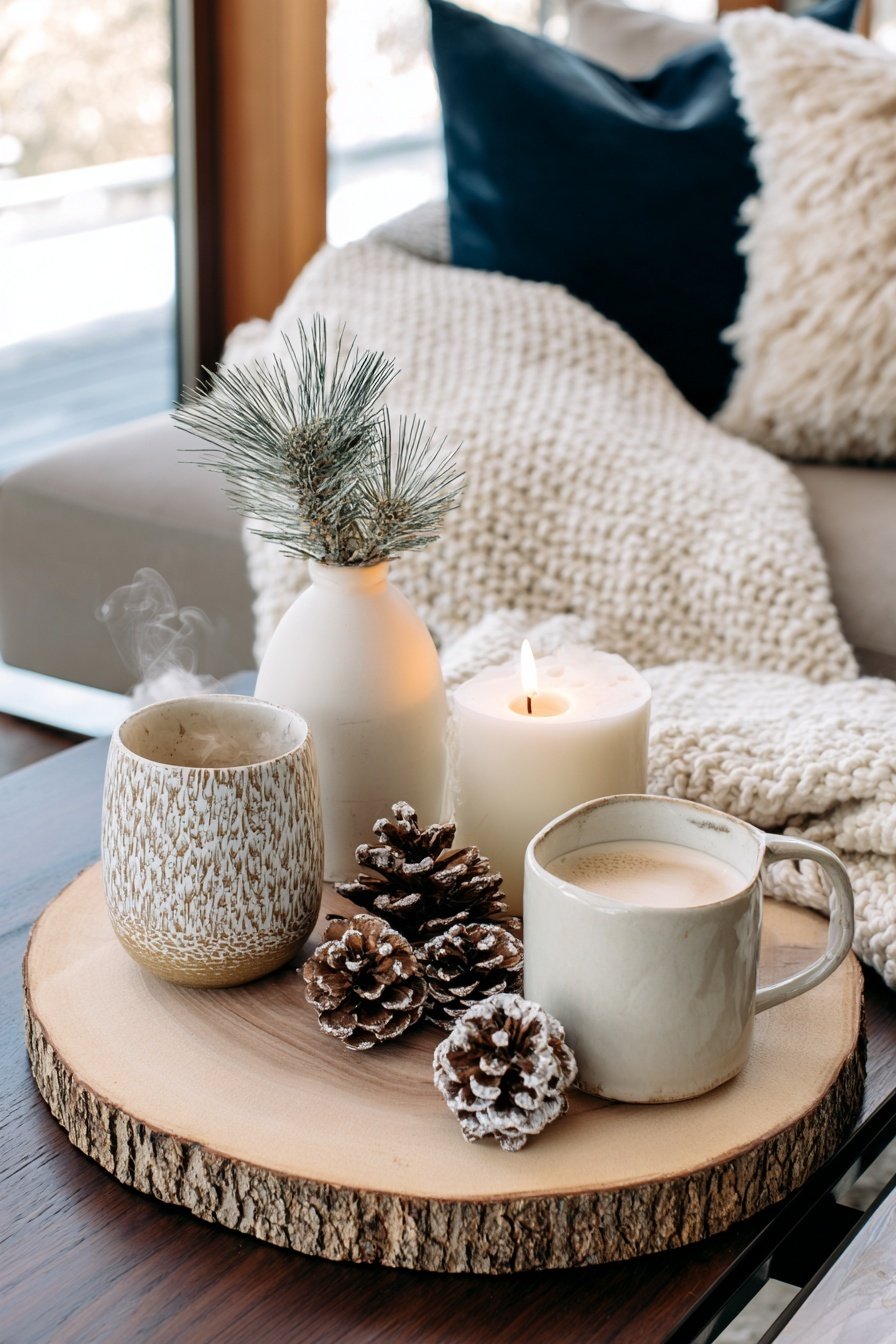 Winterliche Couchtischdeko mit Kerzen, Tannenzapfen, Heißgetränken und Kuscheldecke