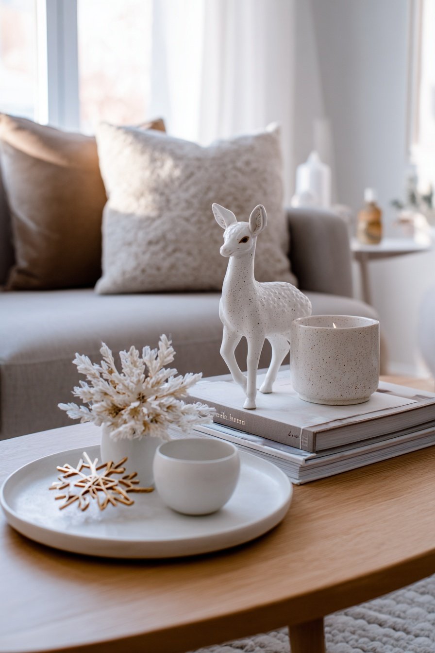 Minimalistische Winterdekoration mit Kerze, Rehfigur, Schneeflocke und Tannenzweig auf einem Couchtisch