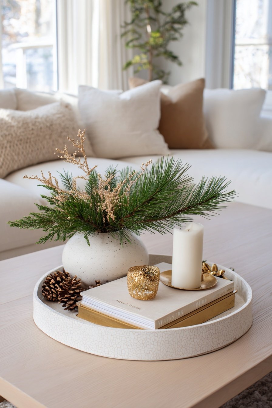 Winterliche Dekoration auf einem Couchtisch mit Kerze, Tannenzweigen und goldenen Akzenten