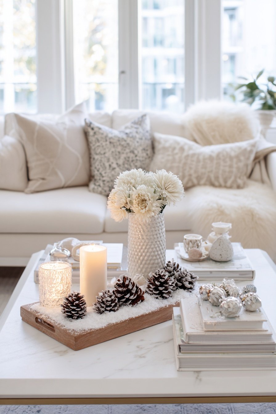 Winterliche Couchtisch-Deko mit Kerzen, Tannenzapfen, Blumen und Christbaumkugeln