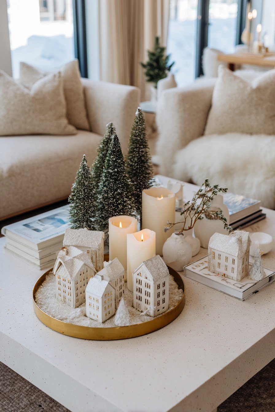 Ein festlich dekorierter Couchtisch mit Kerzen, Miniaturhäusern und Schneebäumen