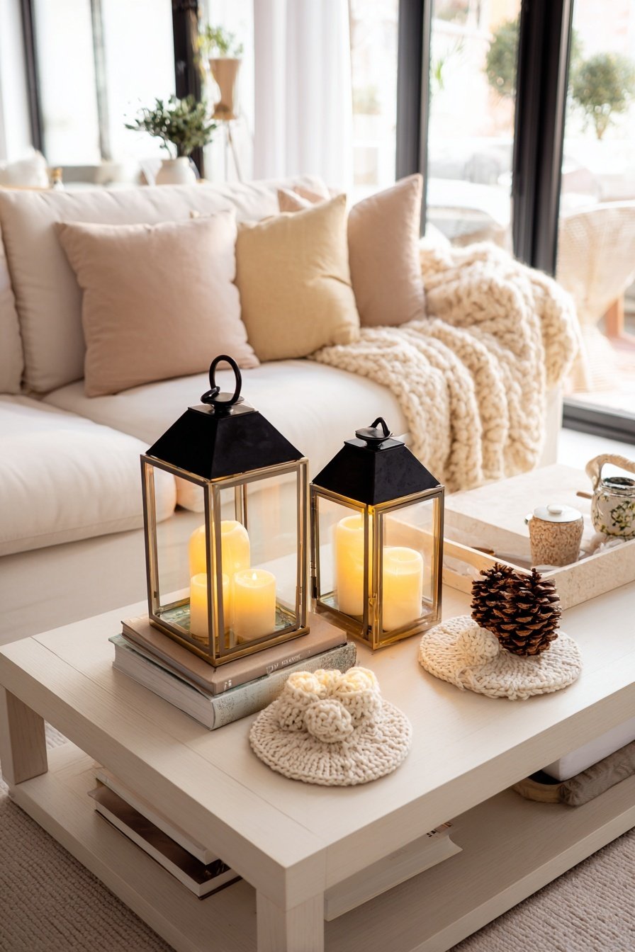 Winterlich dekorierter Couchtisch mit Laternen, Kerzen, Strickuntersetzern und Tannenzapfen