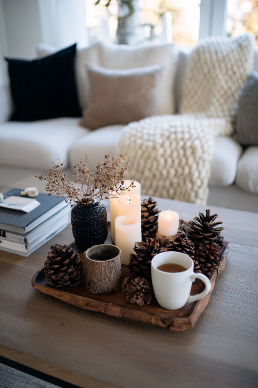 Winterliche Couchtisch-Deko mit Kerzen, Tannenzapfen und Heißgetränk