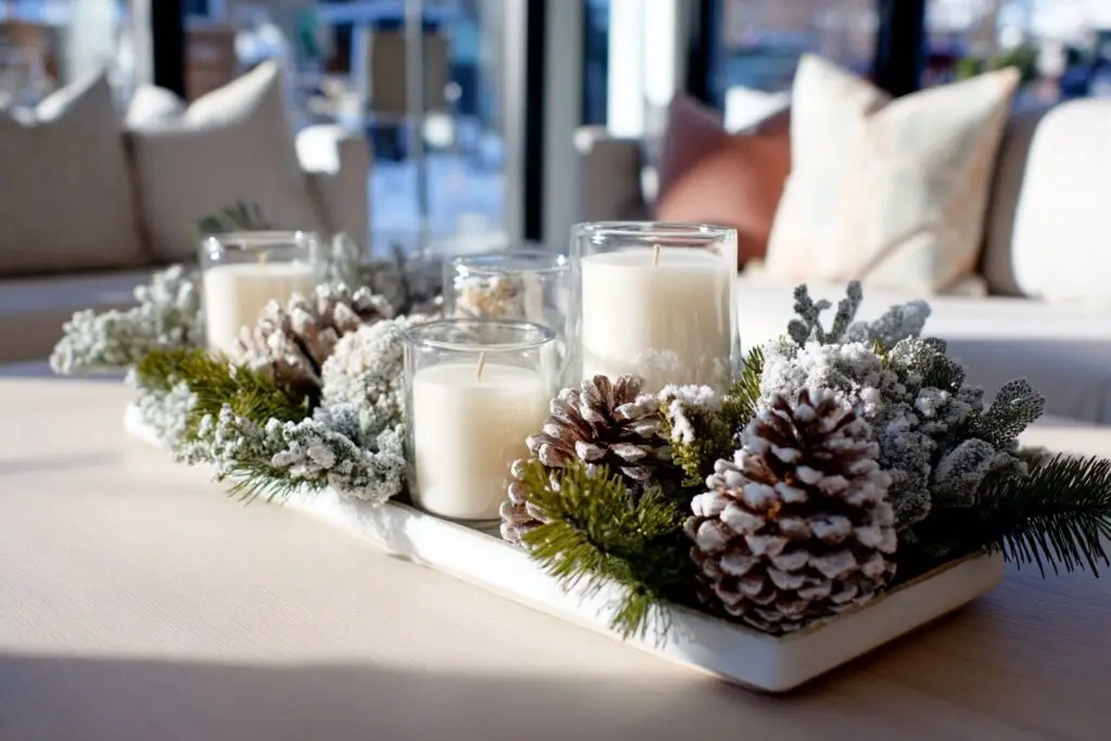 Winterliche Couchtisch Deko mit weißen Kerzen, Tannenzapfen und Kunstschnee in einem Tablett