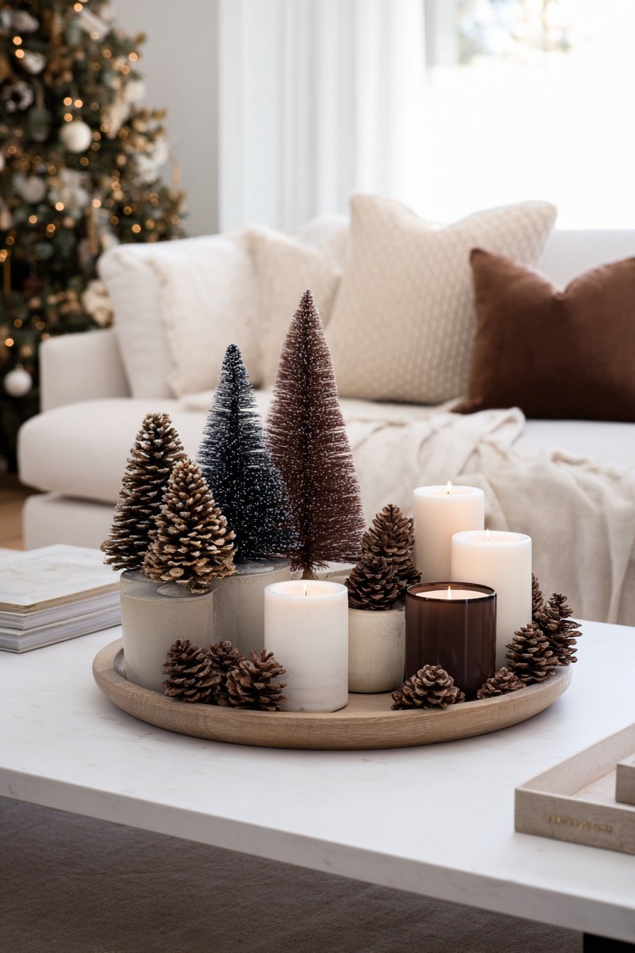 Winterliche Couchtischdeko mit kleinen Tannenbäumchen, Naturzapfen und Kerzen auf einem Holztablett