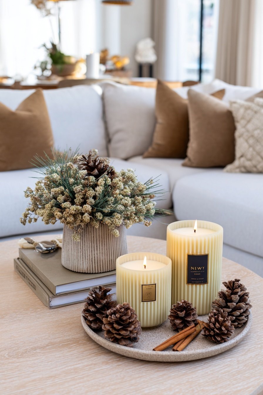 Couchtisch mit Winterdeko aus Kerzen, Zimtstangen, Tannenzapfen und Trockenblumen
