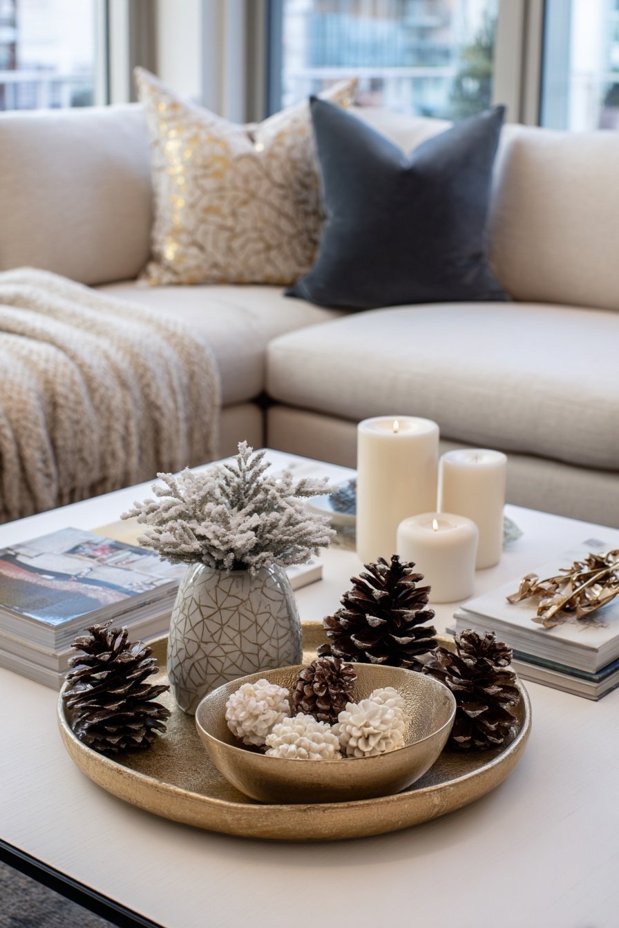 Winterlich dekorierter Couchtisch mit Zapfen, Kerzen und kunstvollen Akzenten