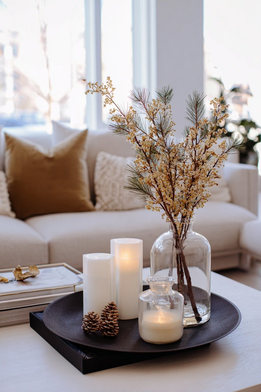 Winterliche Couchtisch-Deko mit Kerzen, Glasvasen und Zweigen