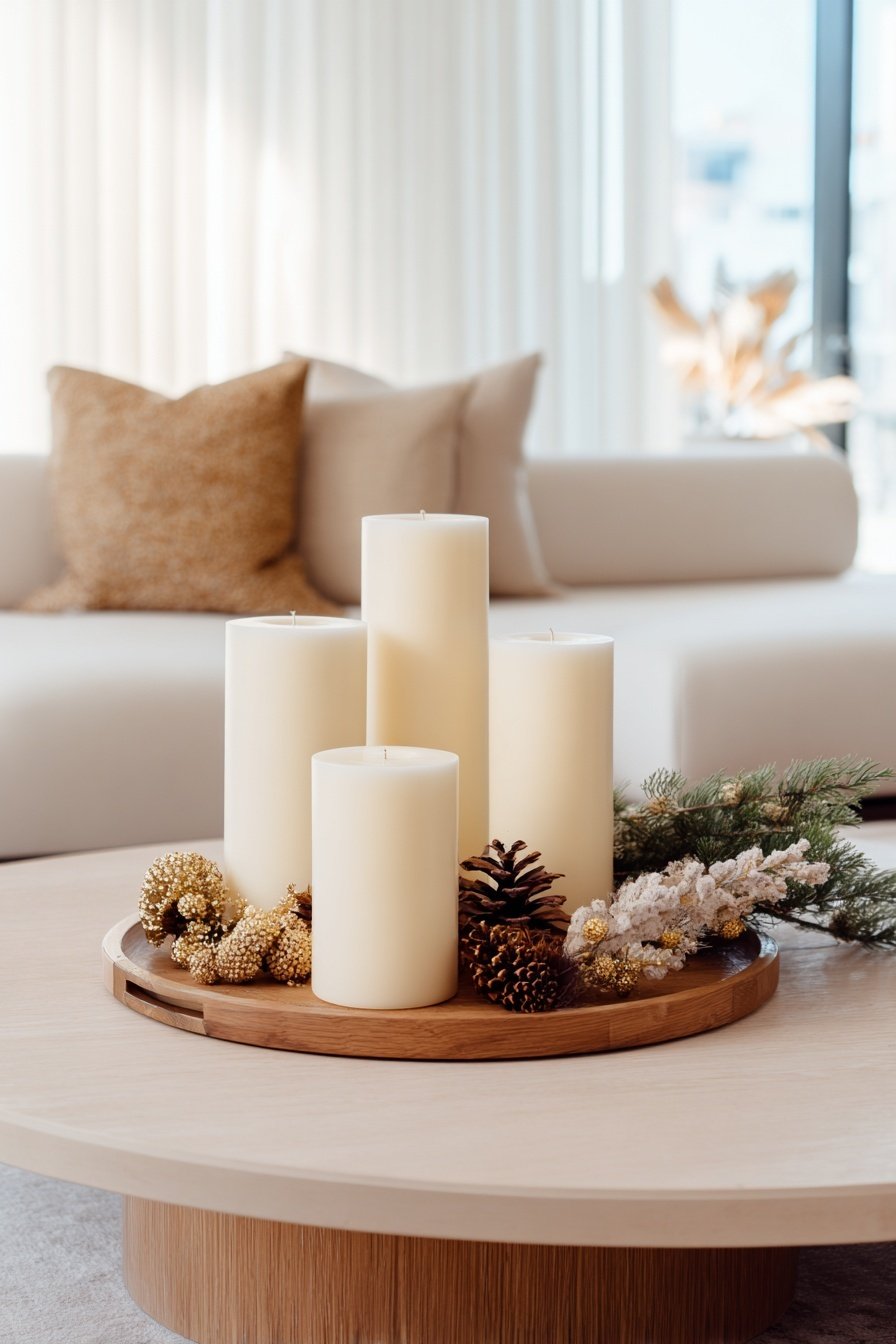Winterliche Deko mit weißen Stumpenkerzen, Tannenzapfen und Zweigen auf einem runden Holzteller auf einem Couchtisch