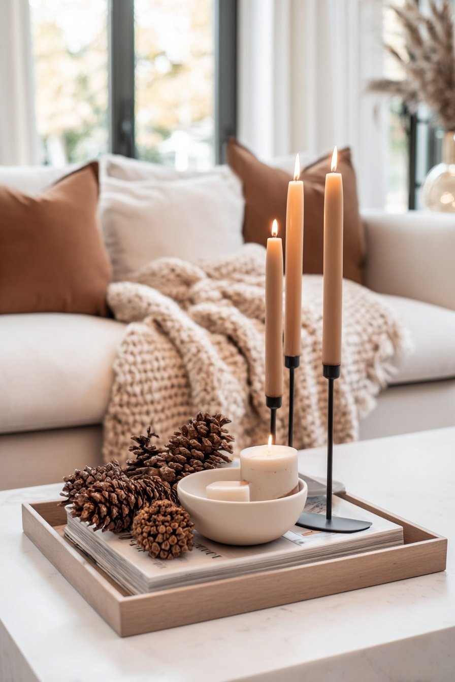 Winterliche Couchtisch-Dekoration mit Kerzen, Tannenzapfen und Kuscheldecke