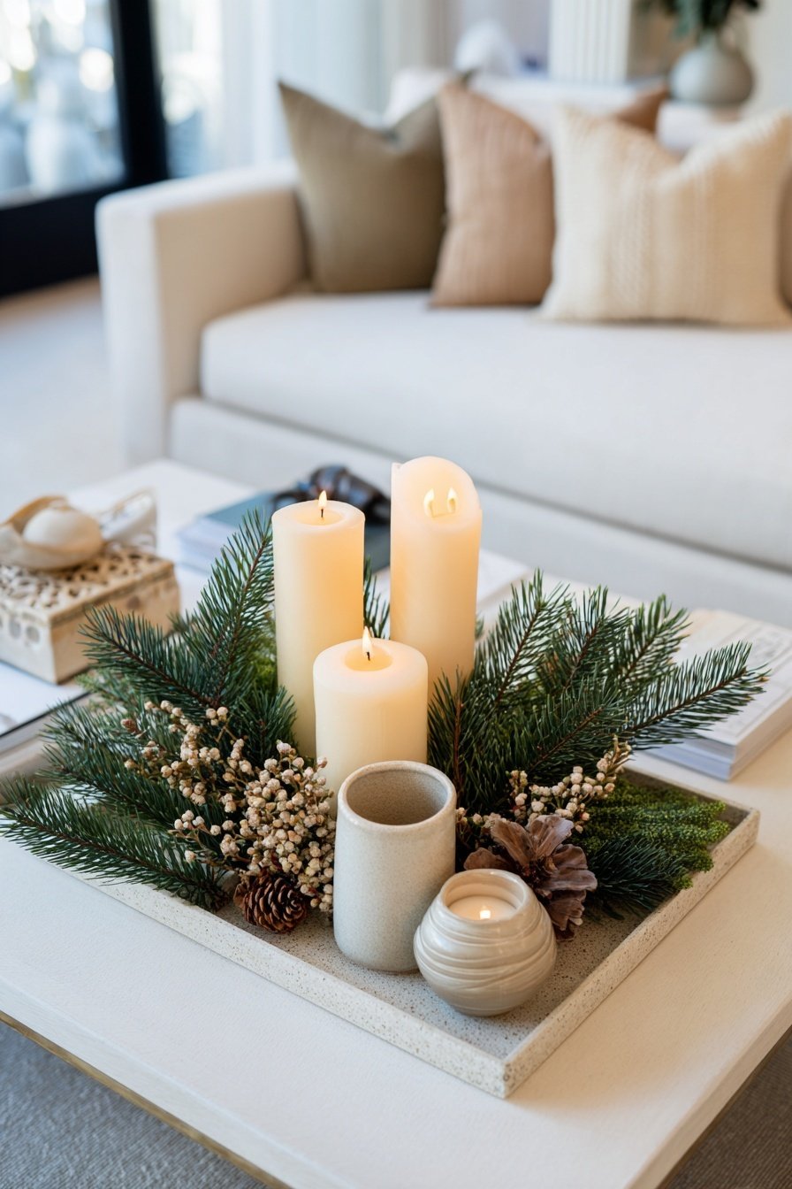 Winterliche Couchtisch-Deko mit Kerzen, Tannenzweigen und Naturmaterialien auf einem Tablett