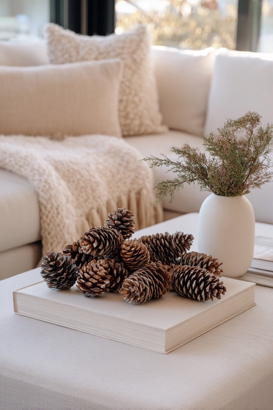 Kiefernzapfen auf einem Buch neben einer Vase mit Wintergrün auf einem Couchtisch