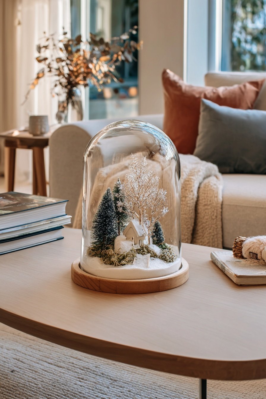 Winterliche Mini-Landschaft unter einer Glashaube auf einem hellen Couchtisch