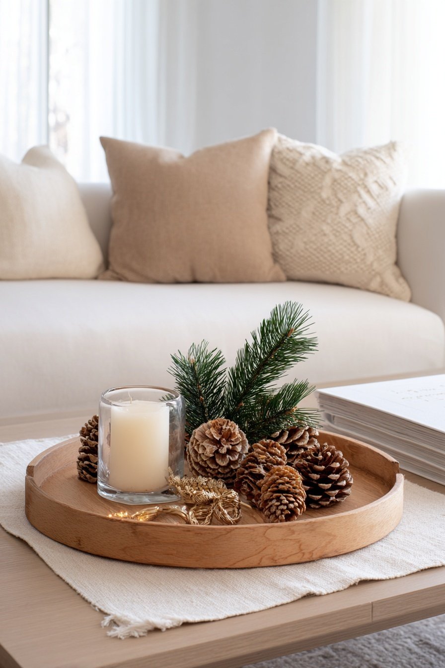 Runde Holzschale mit Tannenzapfen, Tannenzweig, Kerze und goldener Deko auf hellem Couchtisch