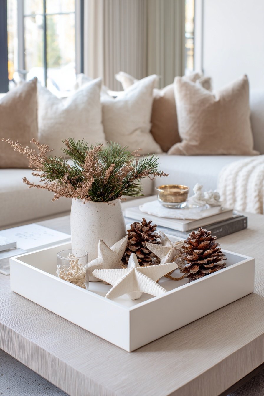 Minimalistische Winterdeko auf Couchtisch mit Tannenzweigen, Zapfen und Keramiksternen