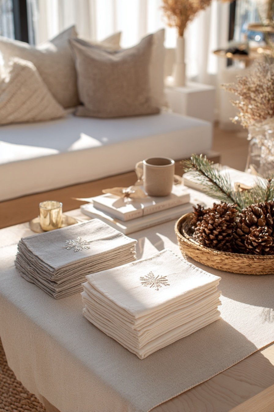 Winterliche Couchtisch-Dekoration mit Tannenzapfen, Leinenservietten und einer Tasse auf beige-gedecktem Tisch