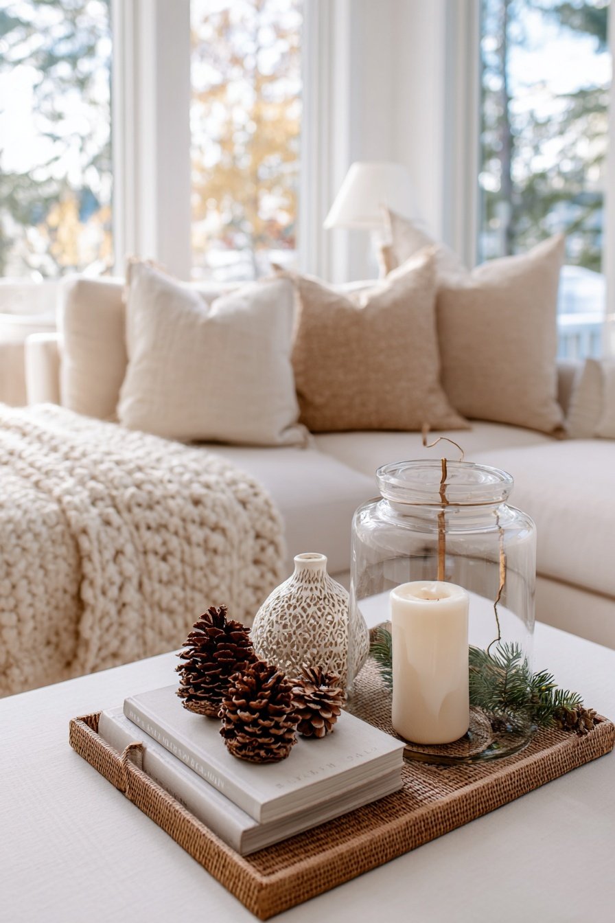 Winterliche Couchtisch-Dekoration mit Zapfen, Kerze und Glasvase auf einem Tablett