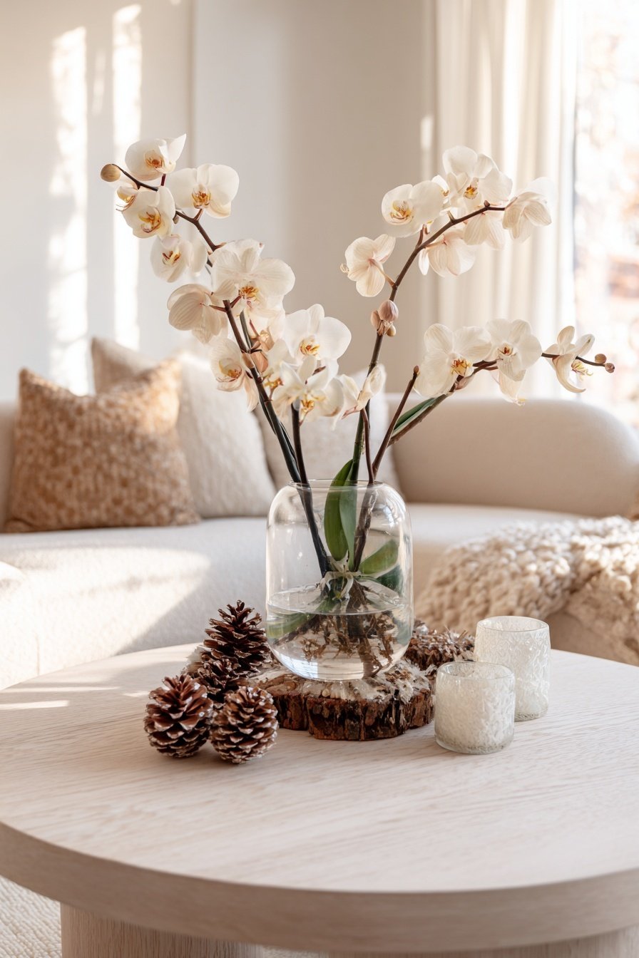 Winterliche Couchtisch-Deko mit Orchideen in Glasvase, Tannenzapfen und Teelichthaltern