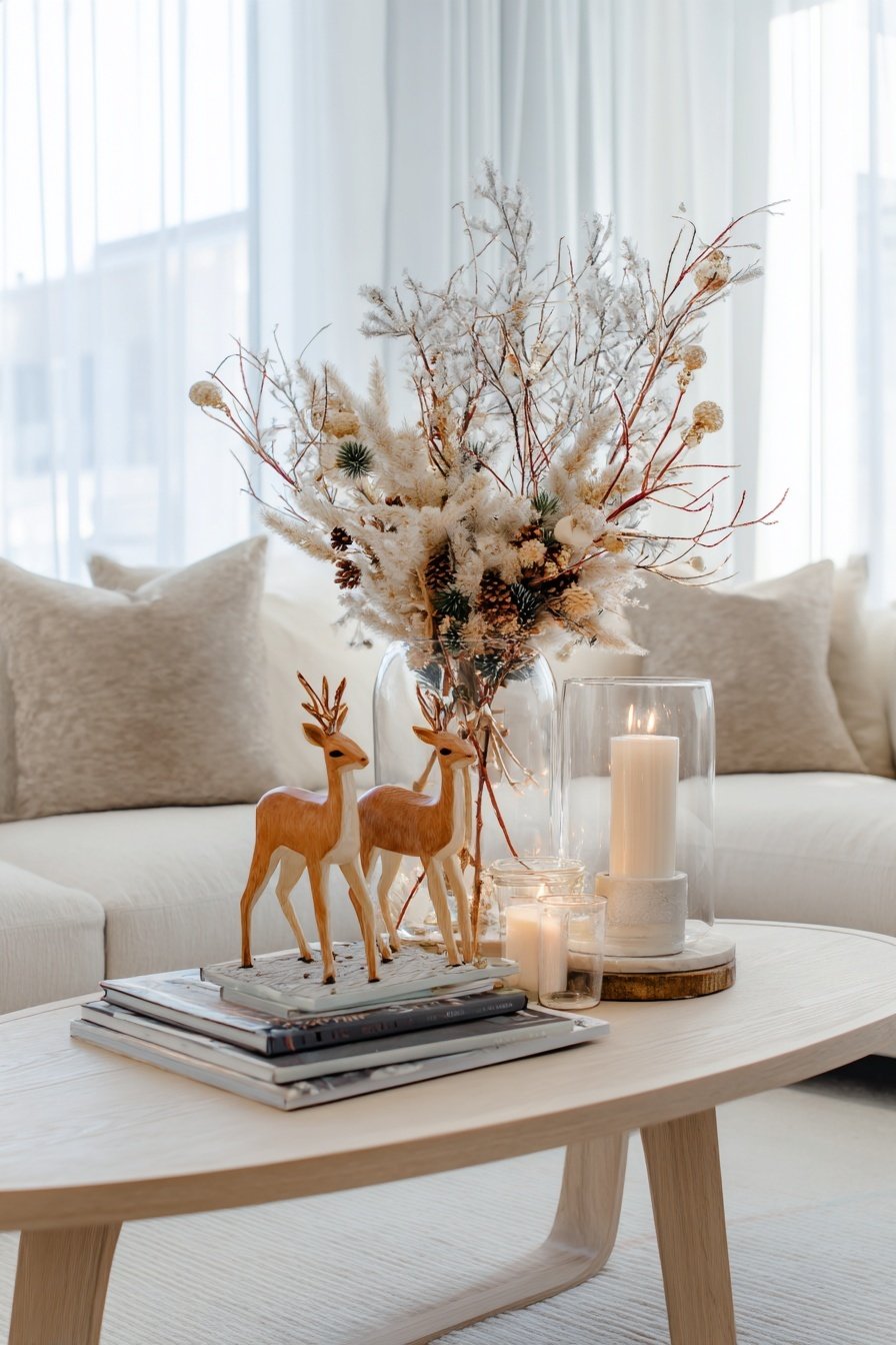 Winterliche Couchtisch-Deko mit Kerzen, Reh-Figuren und Tannenzweigen