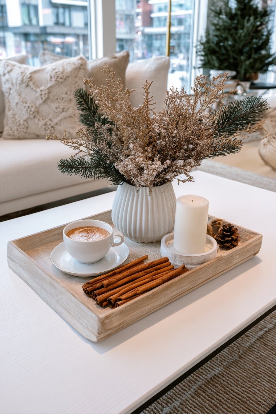 Winterliche Deko mit Vase, Kerze, Zimtstangen und Cappuccino auf einem Tablett