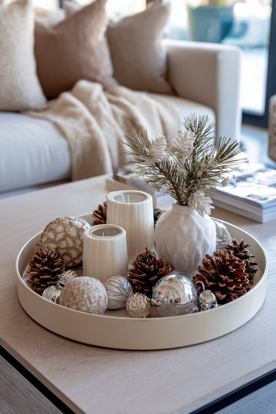 Dekotablett mit Kerzen, Tannenzapfen, Christbaumkugeln und weißer Wintervase auf Couchtisch
