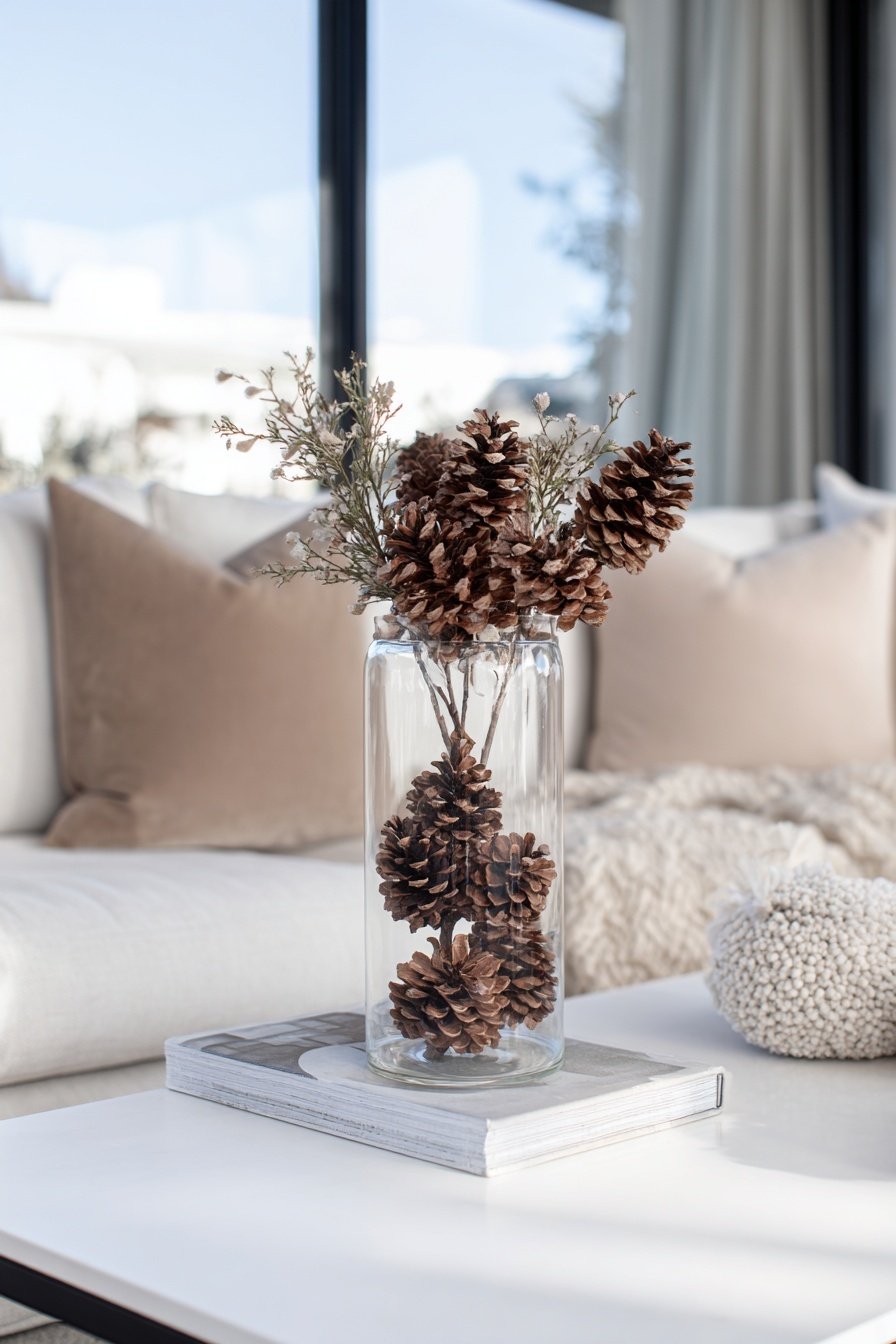 Glasvase mit Tannenzapfen und Zweigen als Couchtischdeko im Winter