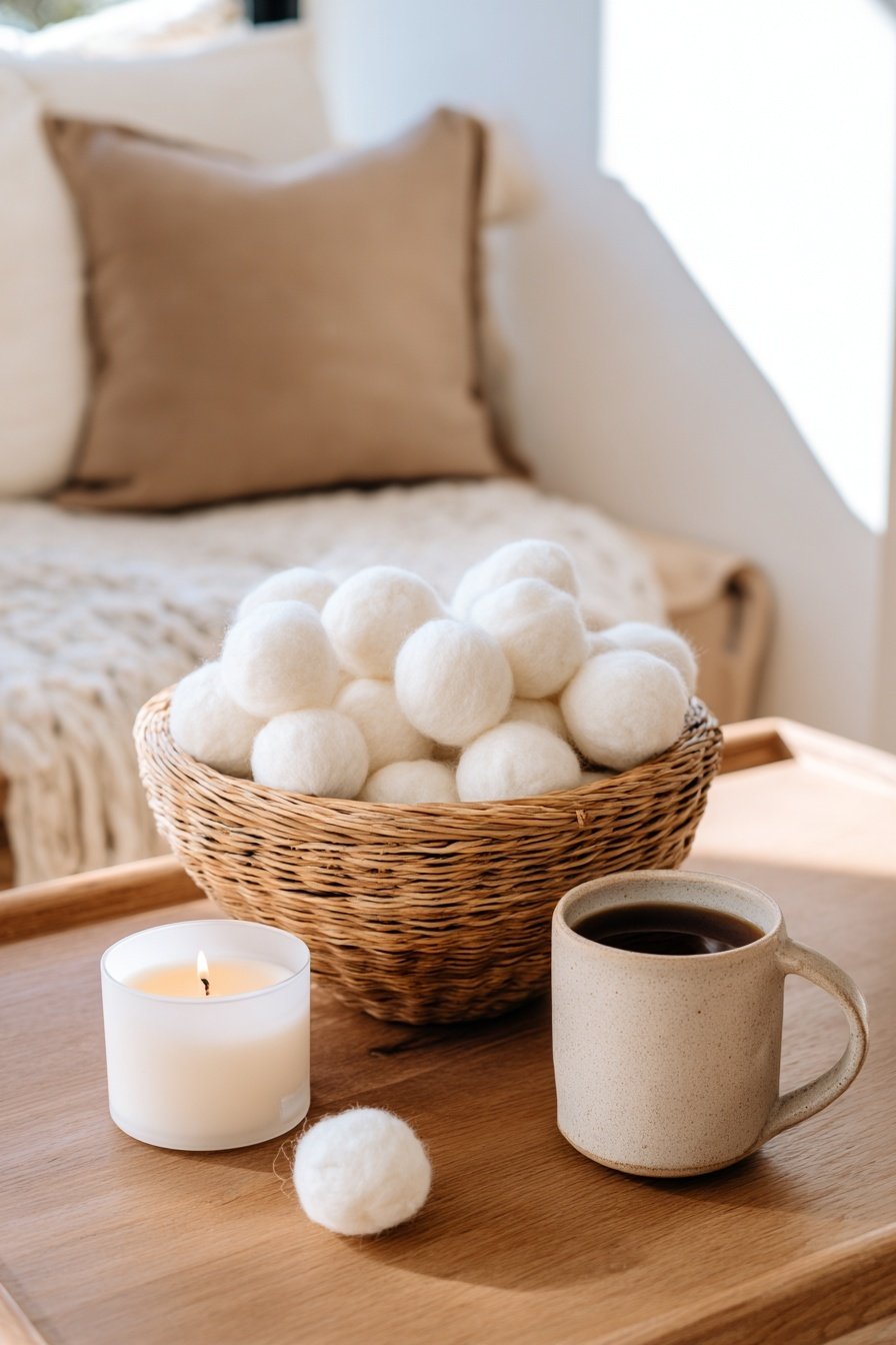 Korb mit weißen Filzbällen, daneben Kerze und Tasse Kaffee auf einem Holztablett