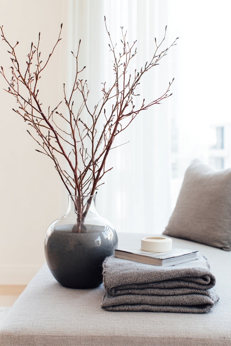 Winterliche Deko mit kahlen Zweigen in Glasvase auf Couchtisch