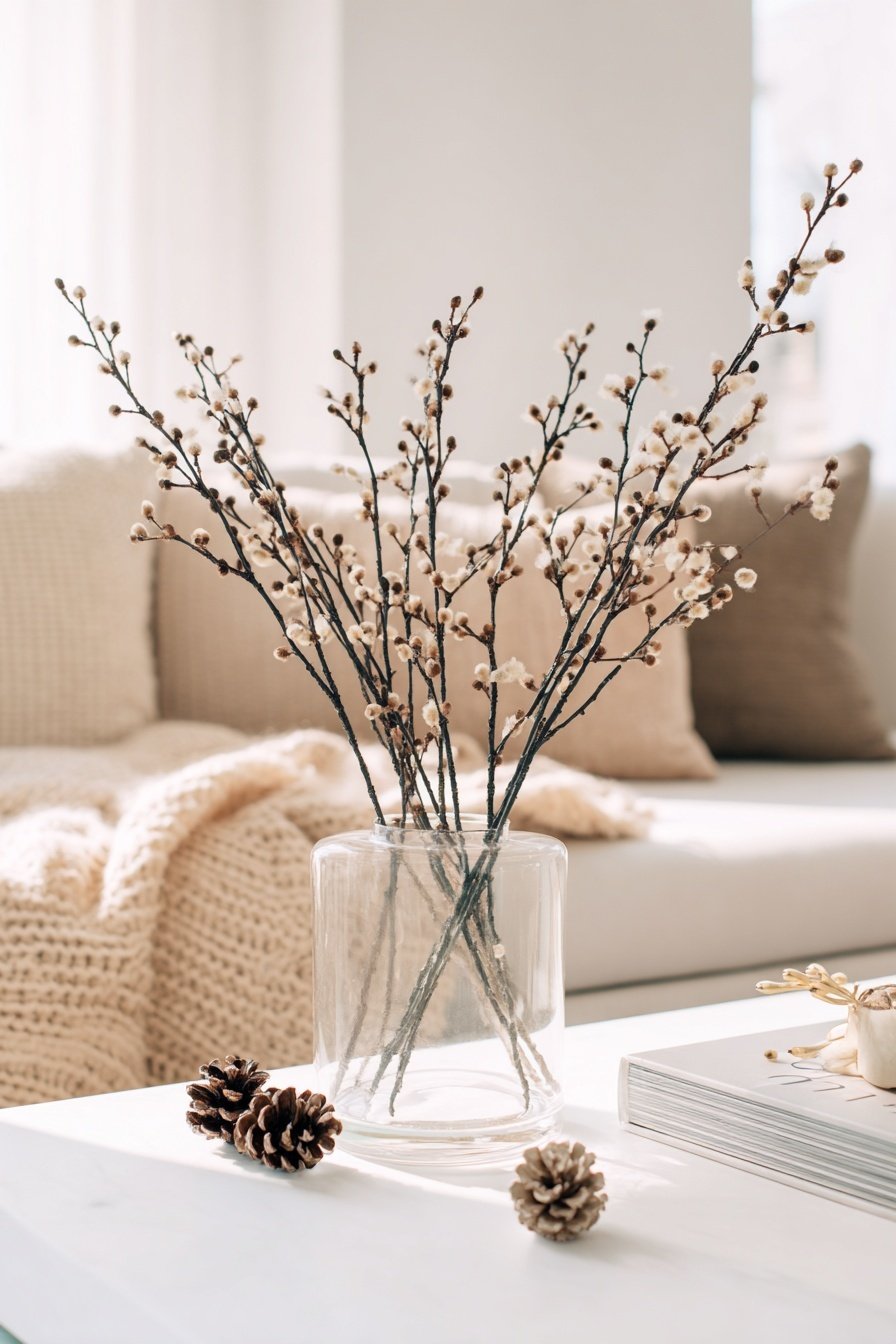 Zweige mit flauschigen Knospen in einer Glasvase auf einem Couchtisch, umgeben von Tannenzapfen
