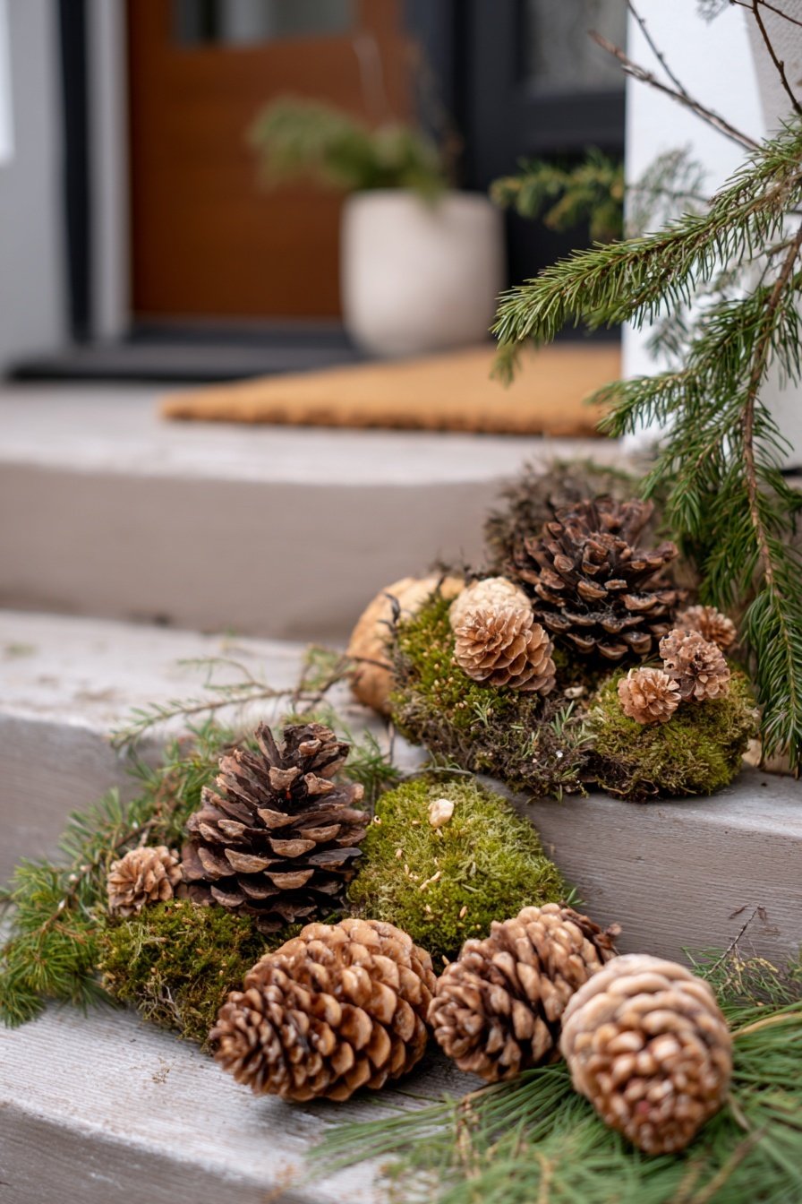 Tannenzapfen und Moos auf einer Haustreppe als Winterdeko
