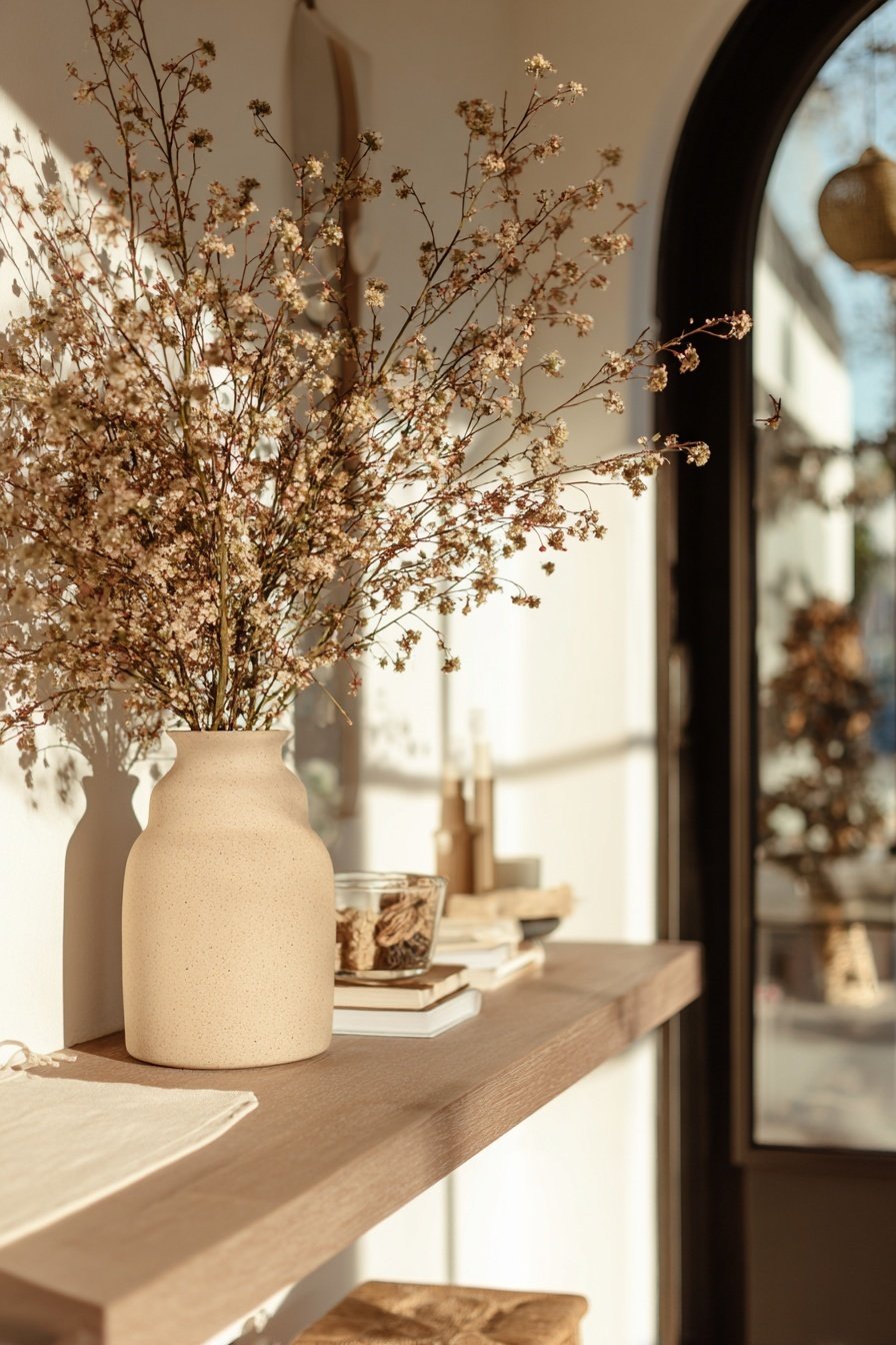 Trockenblumen in heller Vase auf Holzregal am Hauseingang bei Winterlicht