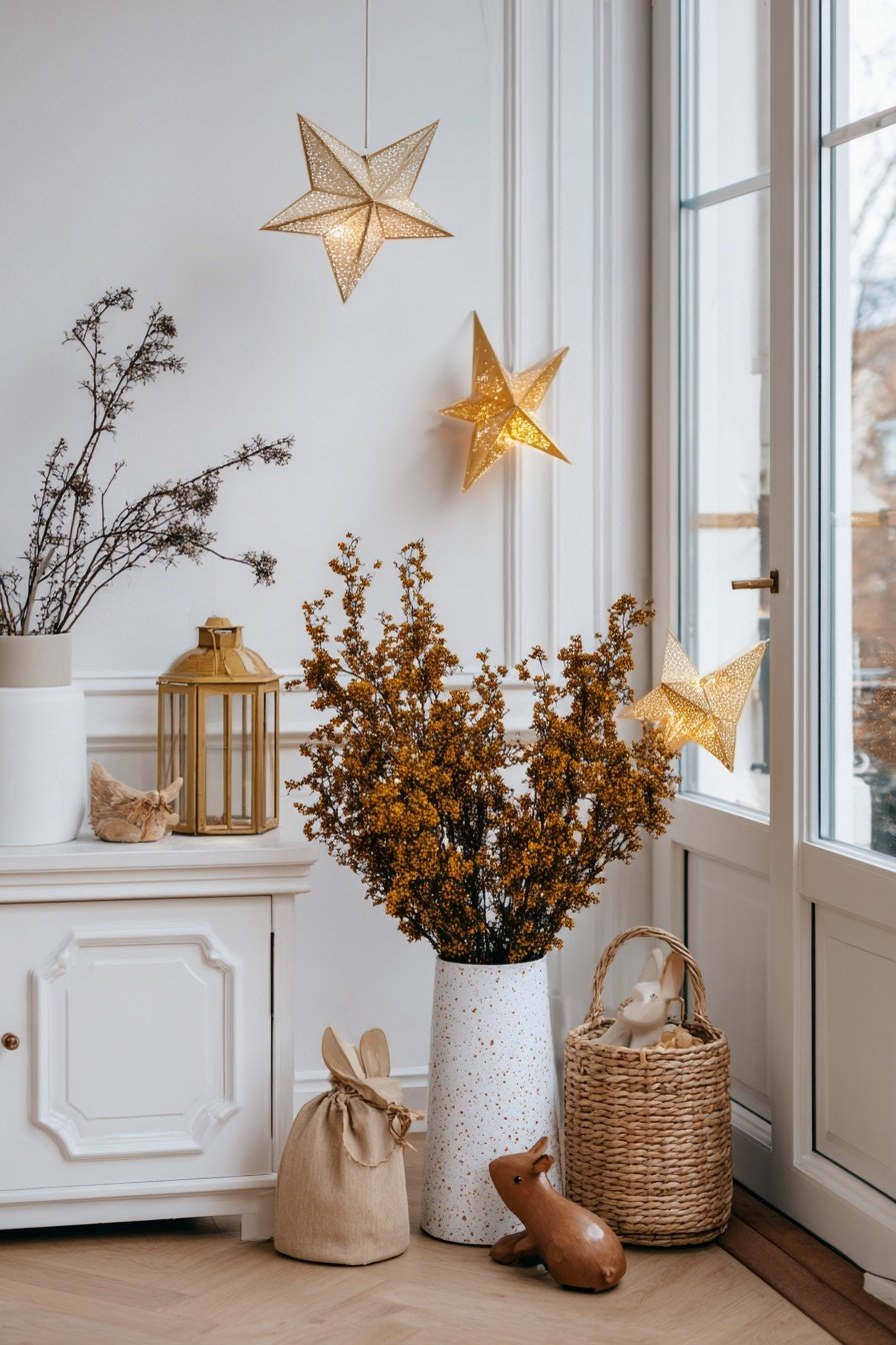 Winterliche Dekoration mit leuchtenden Sternen, Trockenblumen und Naturaccessoires im Hauseingang