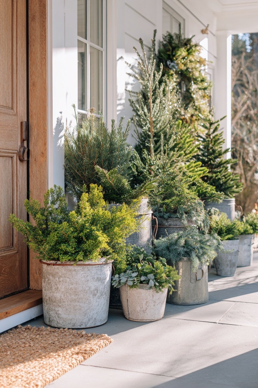 Winterliche Deko mit Tannenbäumen und grünen Pflanzen in Zinkkübeln vor einem Hauseingang