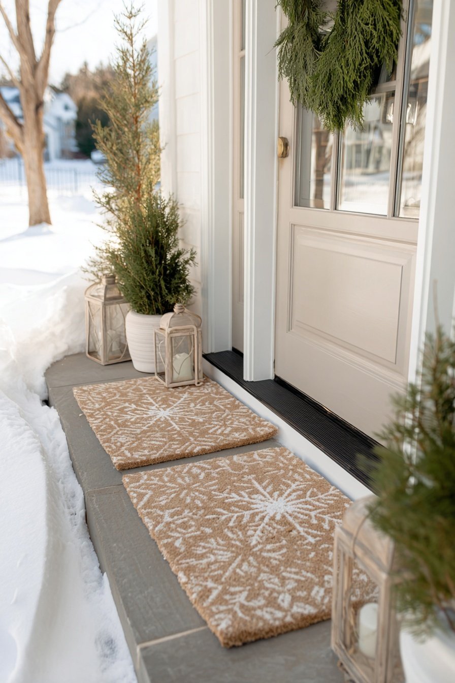 Winterlich dekorierter Hauseingang mit Tannen, Windlichtern und Fußmatten mit Schneeflockenmotiv