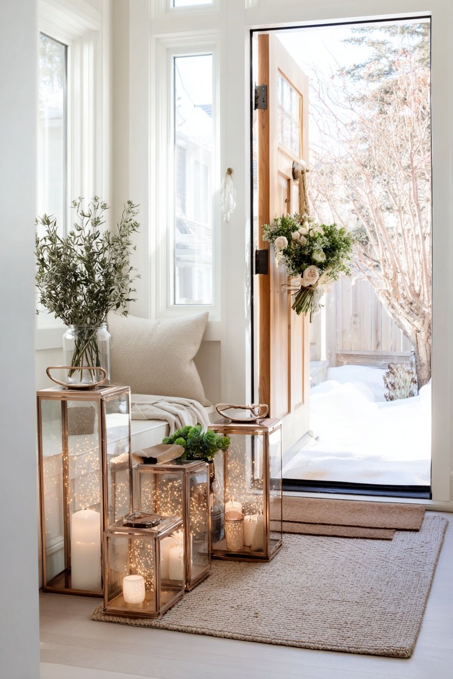 Winterlich dekorierter Hauseingang mit Kerzenlaternen, Blumen und Decke