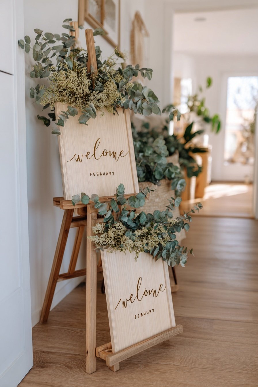 Zwei Willkommensschilder mit Eukalyptus auf Staffeleien im Eingangsbereich